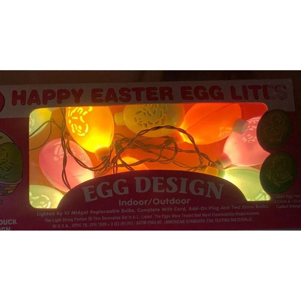 2 Vintage Plastic Happy Easter Egg String Lites 10 Holiday Lights Pastel READ